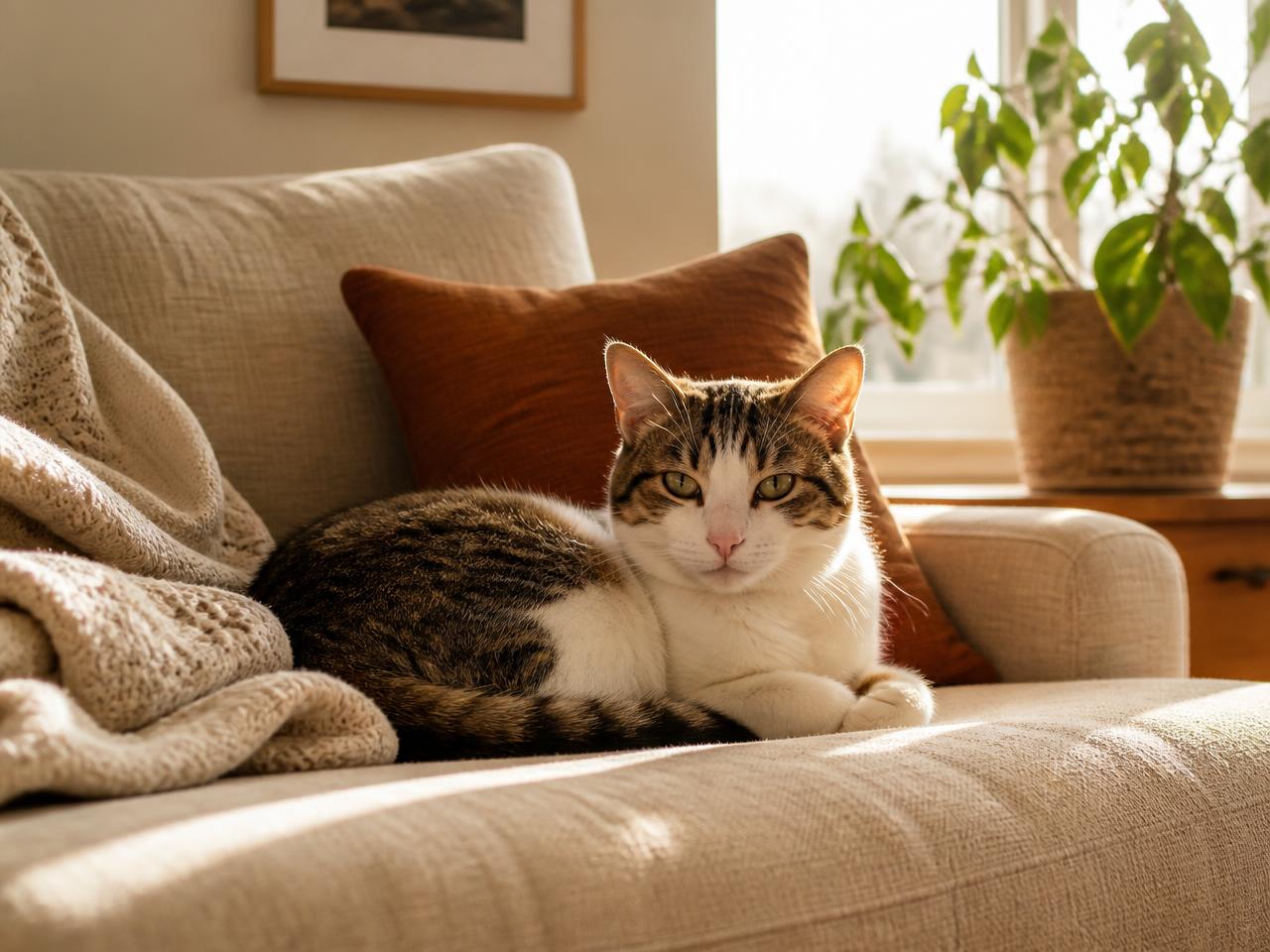 Gato descansando en un sillón junto a la ventana